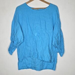 Bellambia Linen Blue Boat Neck Oversized Half‎ Sleeve Top Women's Medium M